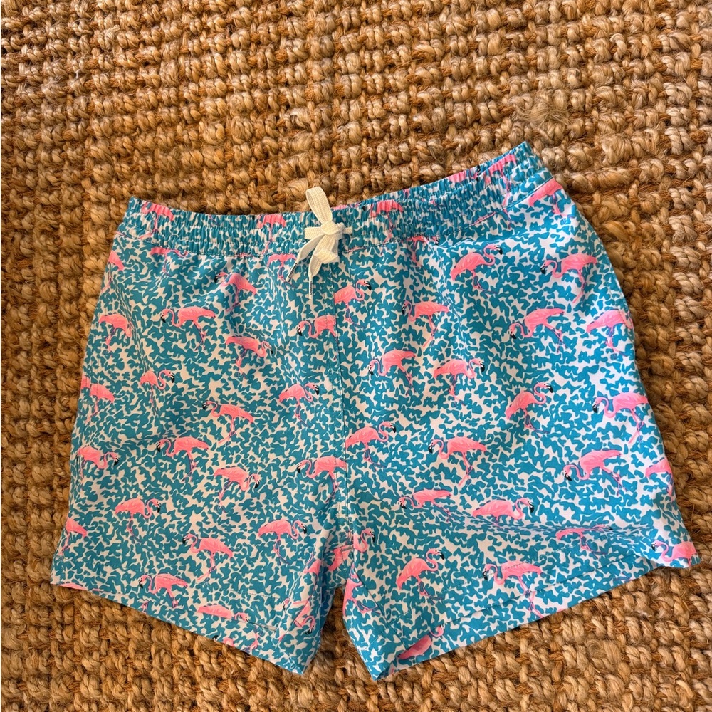 chubbies Boys Swim Trunks in Teal and Pink Flamingo Print Size L (14-16)